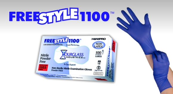 Picture of (10x100/cs, 1000/cs) FreeStyle1100, 3.0mil Powder-Free Exam Nitrile Gloves, Low Dermatitis Potential, Accelerator-Free, Chemo-Tested Surfactant-Free (HourGlass)